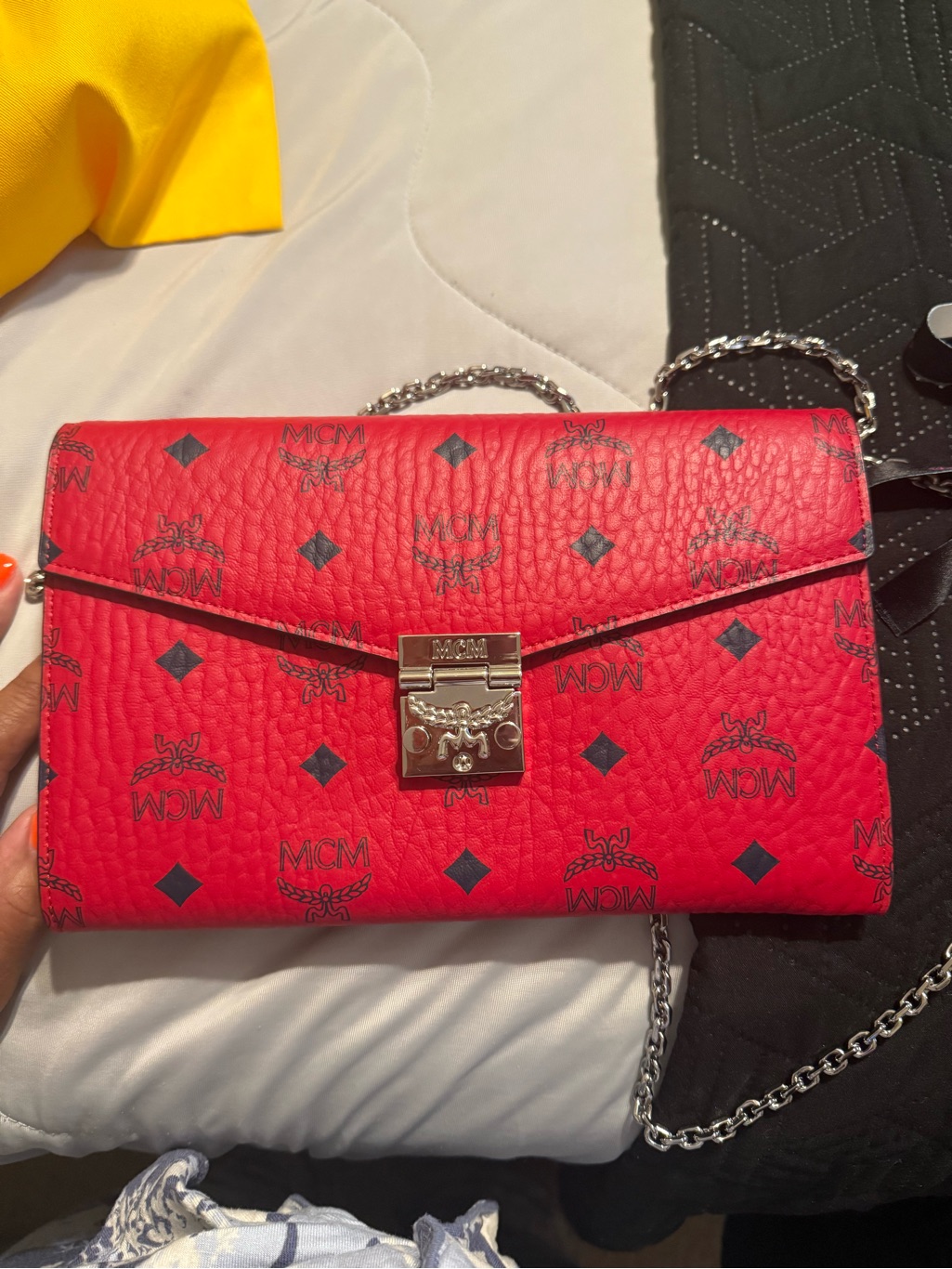 Mcm Red Logo Leather Crossbody Wallet With Silver Chain